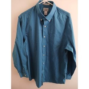 LL Bean Wrinkle Free Mens L Blue Gingham Check Button Up Shirt Traditional Fit